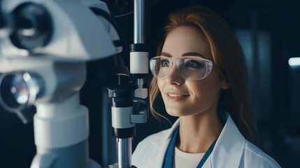 Female ophthalmologist using apparatus - obrazy, fototapety, plakaty