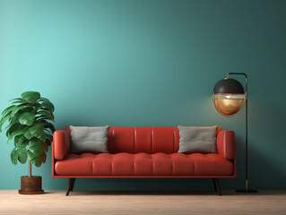 3D image of the front view of a Scandinavian tree seater sofa isolated on solid and cheerful background. Wall light and plant in vase.