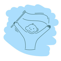 Happy man with flag. Funny character design. Vector illustration in trendy linear cartoon style