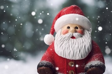 Christmas decoration with cute cheerful santa in the snow in the winter forest bokeh background