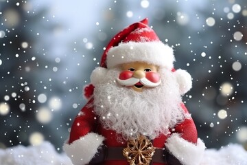 Fototapeta premium Christmas decoration with cute cheerful santa in the snow in the winter forest bokeh background