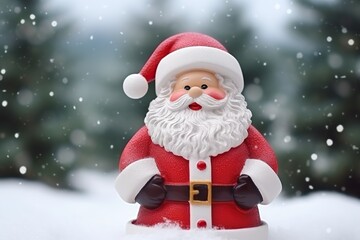 Christmas decoration with cute cheerful santa in the snow in the winter forest bokeh background