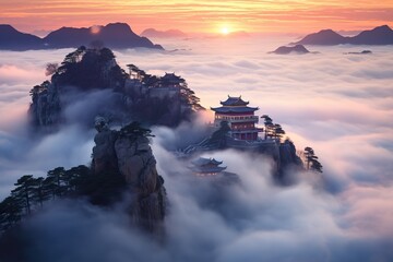 The ethereal beauty of Wudang Mountains, is immersed in a captivating sea of clouds. The mystical atmosphere transforms the landscape into an enchanting wonderland