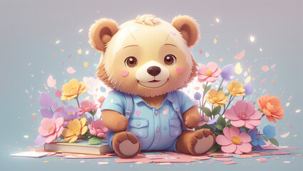 Cute bear with a book, flowers  and colorful background