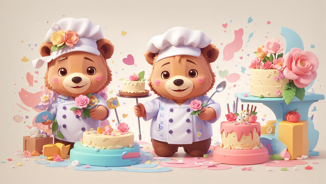 Cute bear with a cake, flowers and colorful background