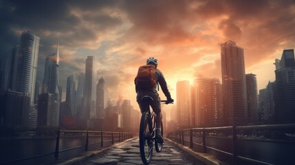 A man riding a bike across a bridge