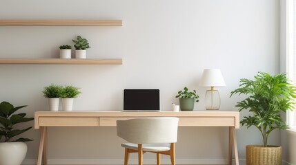 Minimalist home office featuring a white desk and plants.