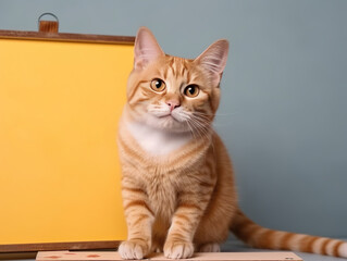 Artistic Tabby Cat and the Yellow Canvas,cat with blank board