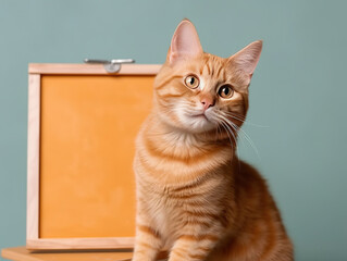 Obraz premium Artistic Tabby Cat and the Yellow Canvas,cat with blank board