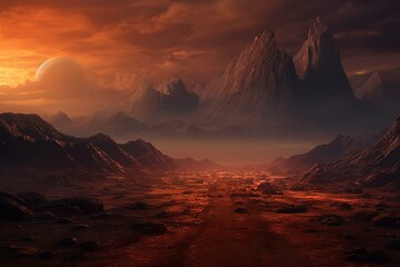 Illustration of a extraterrestrial planet with a rugged and sandy terrain, featuring a road amidst mountains. Misty and cosmic landscape resembling cinematic concept art. Generative AI