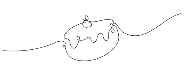 Continuous one line drawing Hanukkah bakery doughnut. Baking shop Logo. Pastry donut with jam, sweet food for bakery, cafe menu. Hand drawn pastries by one line. Fashionable trend vector background