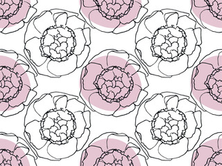 Seamless pattern with pink flowers. Hand drawn peonies in pastel colors. Trendy linear style Vector illustration for wallpaper, textile, packaging, digital paper. Repeated Romantic delicate flowers.