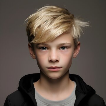 Portrait 12 year old boy with blond hair 