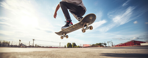 Skateboarder doing trick with board.