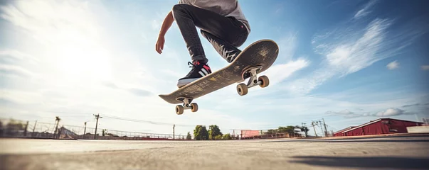 Wandaufkleber Skateboarder doing trick with board. © Michal