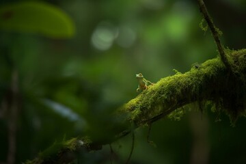 A tiny creature perched on tree branch amidst foliage-filled forest, with blurry background. Generative AI