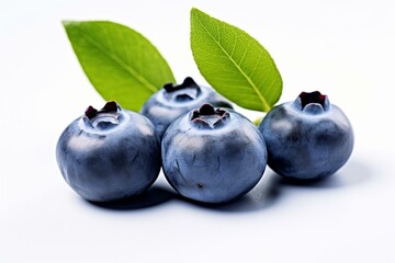 Blueberry with leaves on white background. Full depth of field. Generative AI