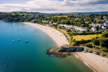 Aerial view of Abersoch, a seaside town in North Wales. Generative AI - obrazy, fototapety, plakaty