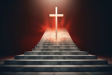 3D rendered image of stairs ascending towards the cross of Jesus Christ. Generative AI - obrazy, fototapety, plakaty