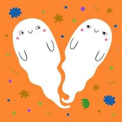 Vector illustration with heart shape couple of ghosts. Cute Halloween greeting card design, romantic party poster