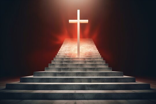 3D rendered image of stairs ascending towards the cross of Jesus Christ. Generative AI