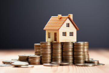 Miniature house above stack of coins