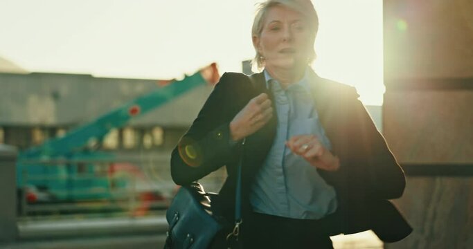 Business woman, rush and running in city for appointment, corporate meeting and urgent schedule. Mature, stress and late entrepreneur moving fast in hurry for time management, urban travel or outdoor