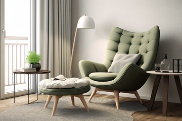 Contemporary living room with chair. Nordic style decor. 3D image. Generative AI