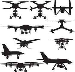 Set of drone flying for aerial photography or video shooting. Set of different quadrocopters icons sign symbols. Unmanned aerial vehicle or aircraft system, without a human pilot aboard