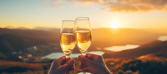 Two glasses of champagne toasting in front of a beautiful sunset - obrazy, fototapety, plakaty