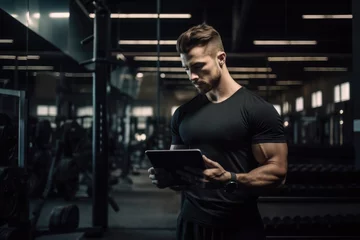 Tuinposter Fitness A man using a tablet in a modern gym