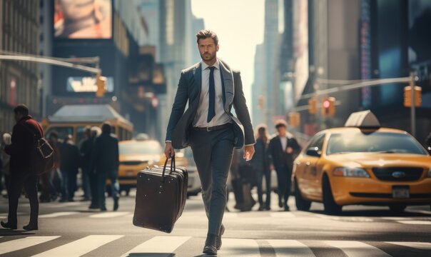 A businessman walking with a briefcase in a busy city street