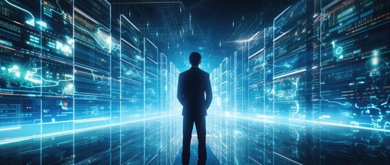 A man standing in a dark room illuminated by neon lights