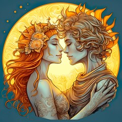 Man and woman face to face, golden divine couple embracing with golden circle in background. Moon and sun in tender kiss. Love and emotions. Esoteric, romance, spirituality. Embrace your twin-flame.