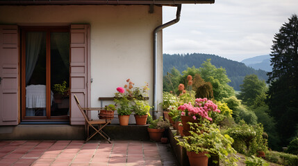 Maison de village dans la campagne alsacienne avec terrasse fleurie, salon de jardin et vue sur les montagnes - obrazy, fototapety, plakaty