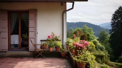 Gordijnen Maison de village dans la campagne alsacienne avec terrasse fleurie, salon de jardin et vue sur les montagnes © Leopoldine