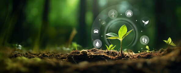 Sustainable energy sources concept with growing plant in the forest - obrazy, fototapety, plakaty