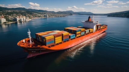 Above View of Container Cargo Ship on the Sea - obrazy, fototapety, plakaty