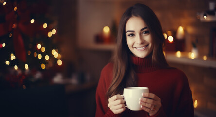 Smiling woman with cup of coffee. Cozy autumn atmosphere