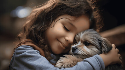 Pure Delight, A Child's Joyful Hug with a Furry Pup

