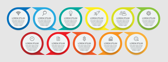 infographic template design, minimalist concept, interconnected circles with 11 steps, lines and colors in each step, good for your business presentation