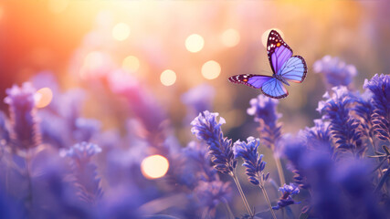 Butterfly on lavender flowers at sunset. Nature background.