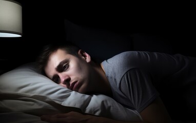 Young man in bedroom feeling sad tired and worried suffering depression in mental health.