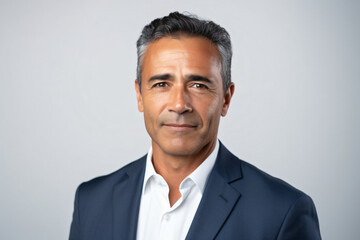 Happy mid aged older business man executive standing on isolated, Smiling 50 year old mature confident professional manager, confident businessman investor looking at camera headshot close up portrait