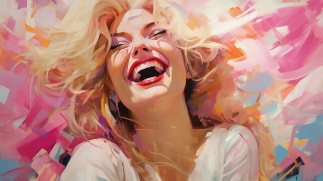 A vibrant painting capturing the expressive beauty of a woman with an open mouth
