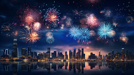 Fireworks in the city at night. - obrazy, fototapety, plakaty