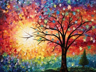 A vibrant and colorful painting capturing the beauty of nature with a majestic tree against a stunning sky backdrop