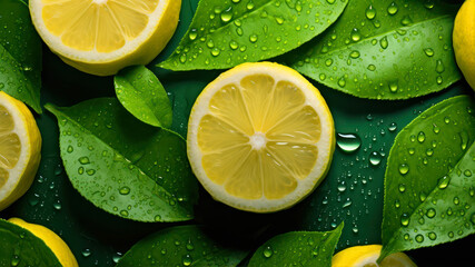 lemon slices with water drops on green leaves background
