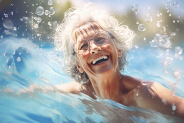 An elderly woman enjoying a refreshing swim in a crystal-clear pool of water