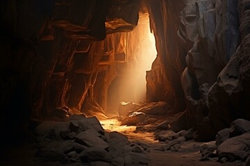 Mysterious passage in ancient rock illuminated by sunlight. Generative AI